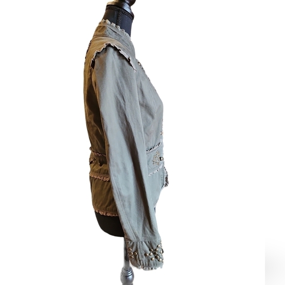 Lani Army Green 100% Cotton Lace Trim Cropped Pirate Jacket, Brass Studs Size M - Picture 5 of 11